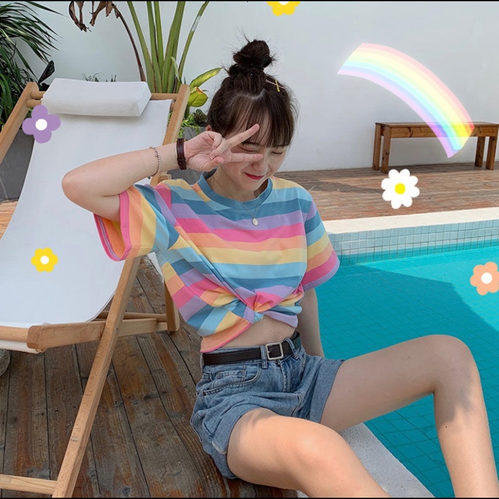 Korean Style Boxy Rainbow Stripe Crop top